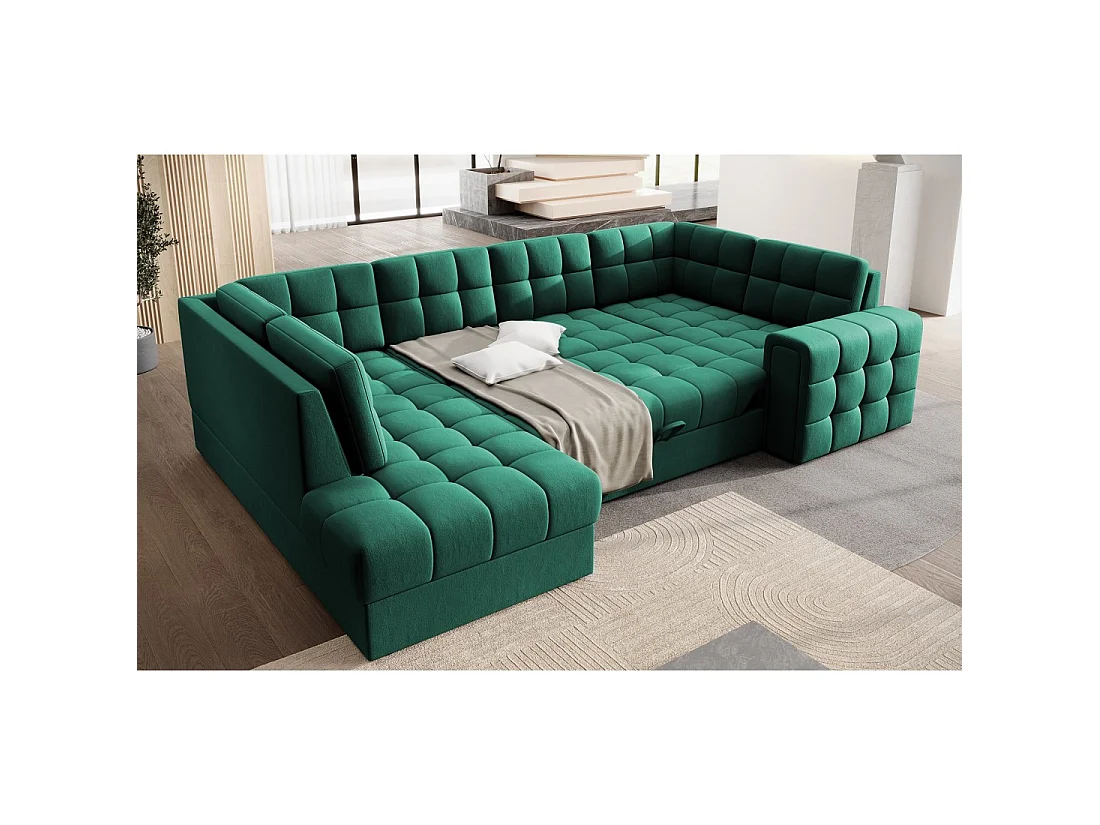 Sofá esquinero convertible MONTEZA verde izquierdo 299 cm con almacenaje y cama