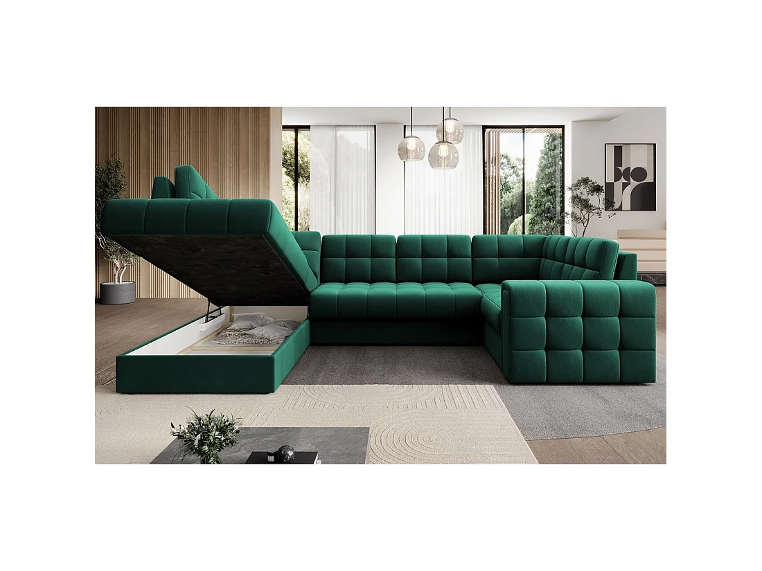 Sofá esquinero convertible MONTEZA verde izquierdo 299 cm con almacenaje y cama