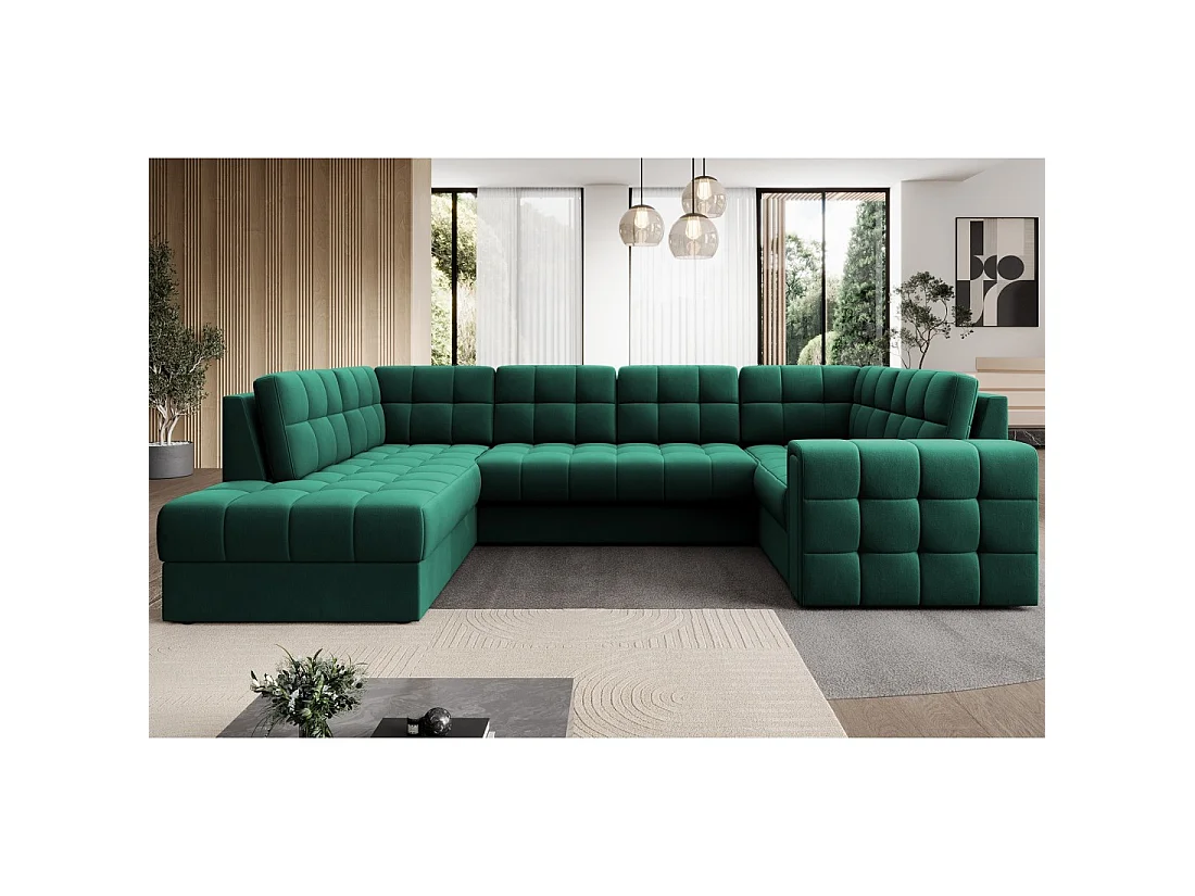 Sofá esquinero convertible MONTEZA verde izquierdo 299 cm con almacenaje y cama