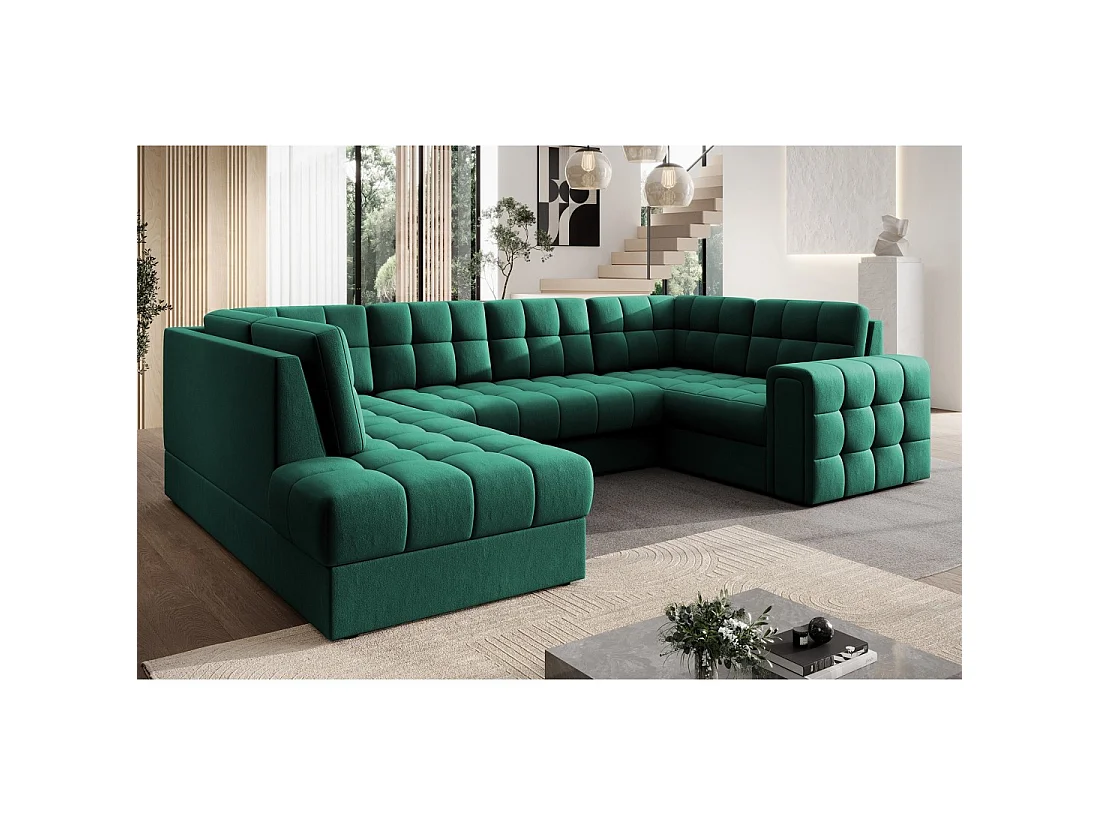 Sofá esquinero convertible MONTEZA verde izquierdo 299 cm con almacenaje y cama