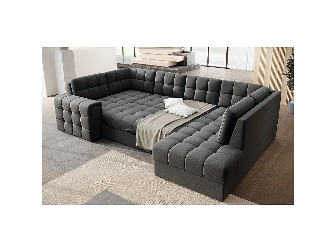 Sofá de esquina convertible MONTEZA gris oscuro 299 cm con almacenamiento y cama