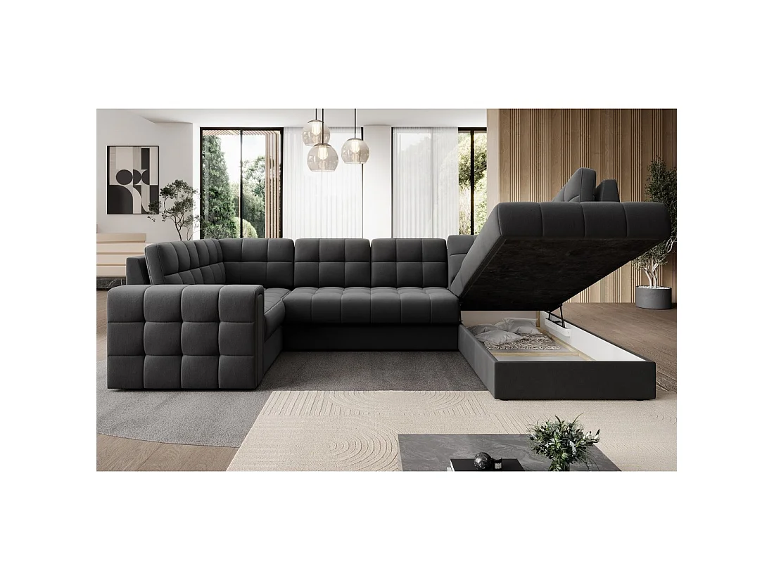 Sofá de esquina convertible MONTEZA gris oscuro 299 cm con almacenamiento y cama