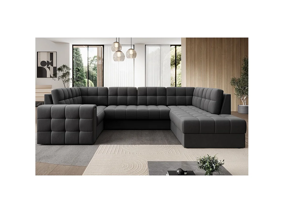 Sofá de esquina convertible MONTEZA gris oscuro 299 cm con almacenamiento y cama