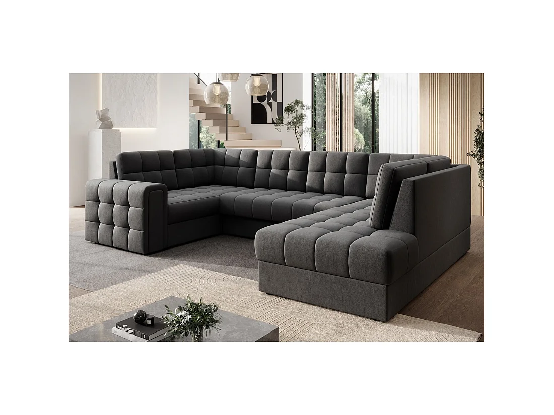 Sofá de esquina convertible MONTEZA gris oscuro 299 cm con almacenamiento y cama