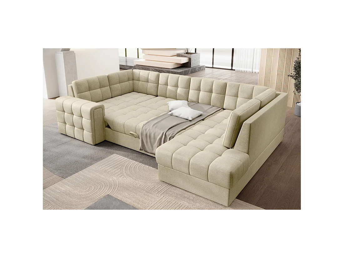 Sofá esquinero convertible MONTEZA beige 299 cm con almacenamiento y cama