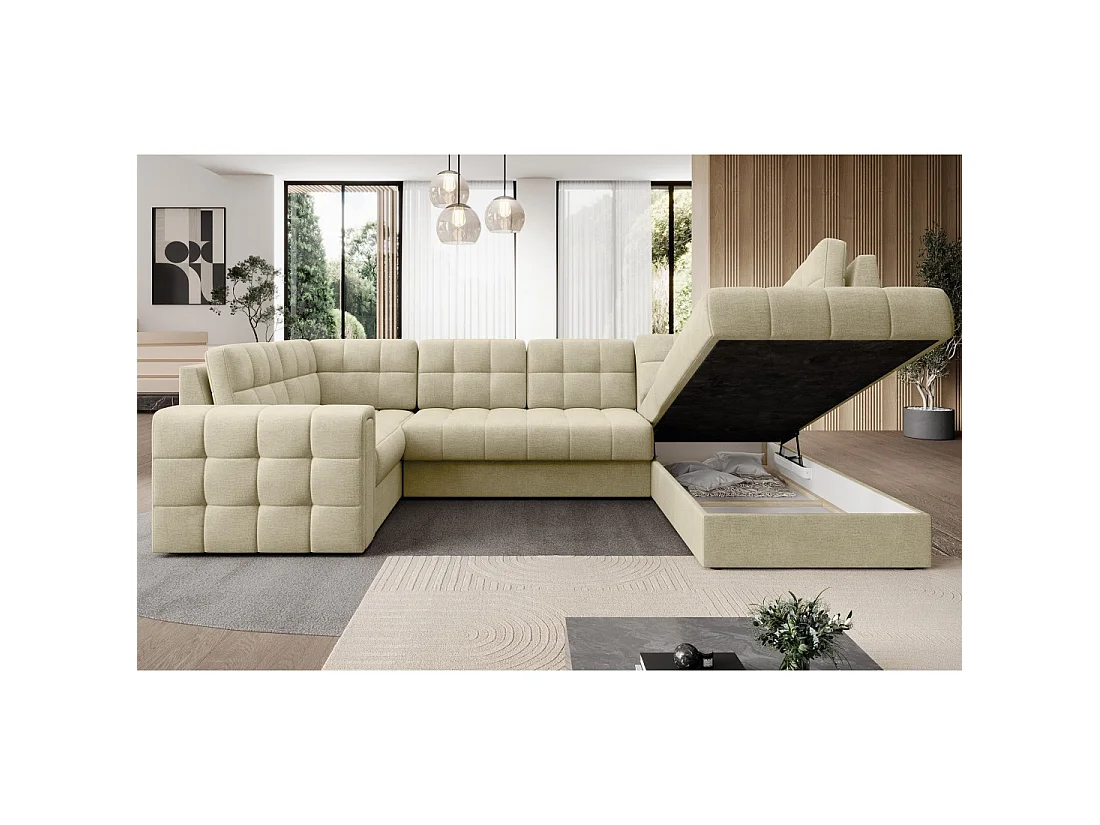 Sofá esquinero convertible MONTEZA beige 299 cm con almacenamiento y cama