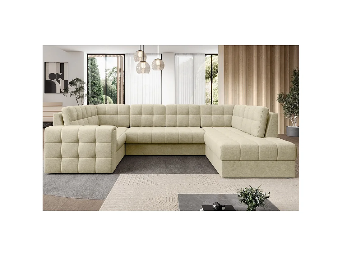 Sofá esquinero convertible MONTEZA beige 299 cm con almacenamiento y cama