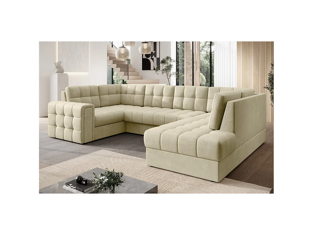 Sofá esquinero convertible MONTEZA beige 299 cm con almacenamiento y cama