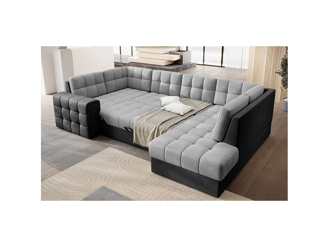 Canapé d'angle convertible MONTEZA noir et gris 299 cm avec coffre et couchage