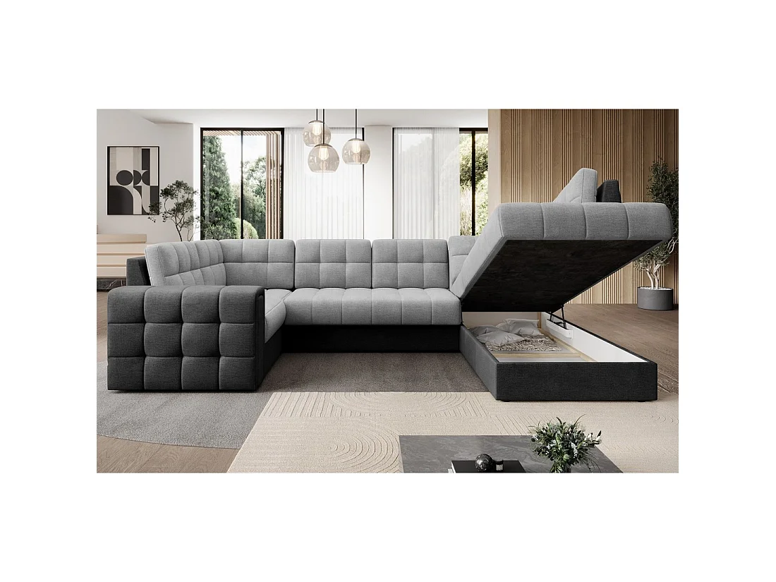 Canapé d'angle convertible MONTEZA noir et gris 299 cm avec coffre et couchage