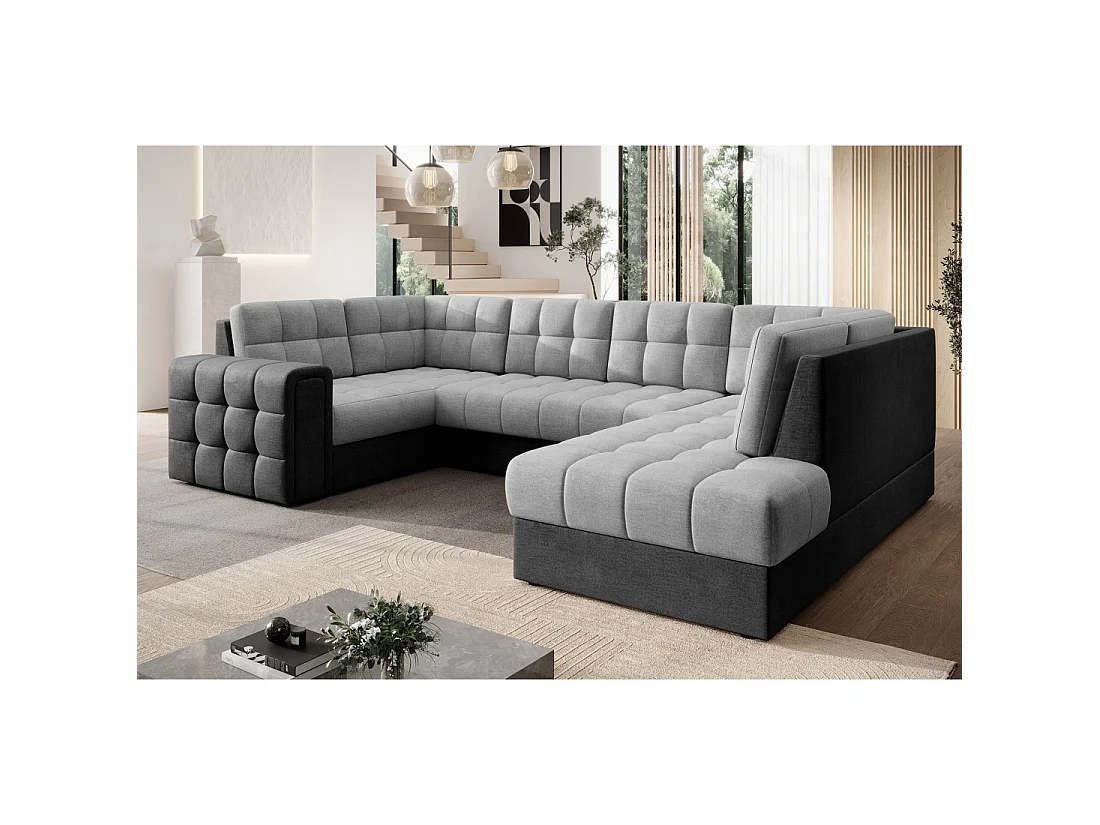 Canapé d'angle convertible MONTEZA noir et gris 299 cm avec coffre et couchage