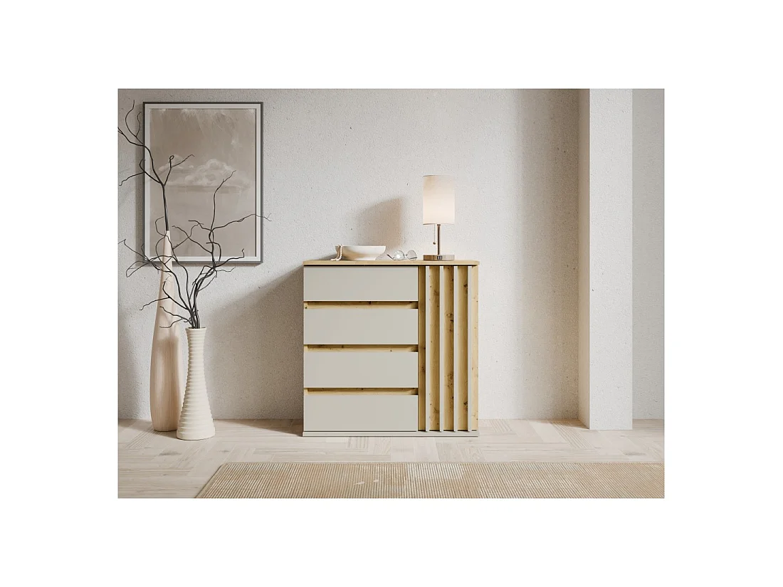Commode NEMO 80 cm avec 1 porte et 4 tiroirs – Chêne et beige cachemire