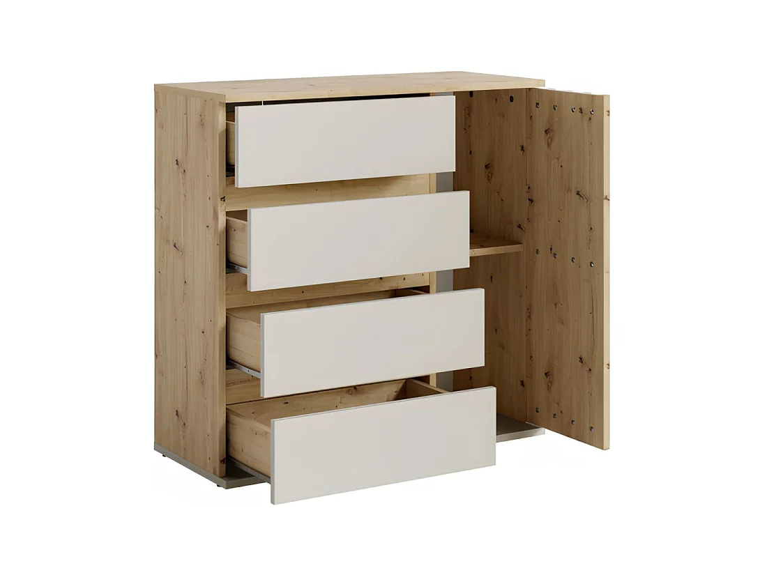 Commode NEMO 80 cm avec 1 porte et 4 tiroirs – Chêne et beige cachemire