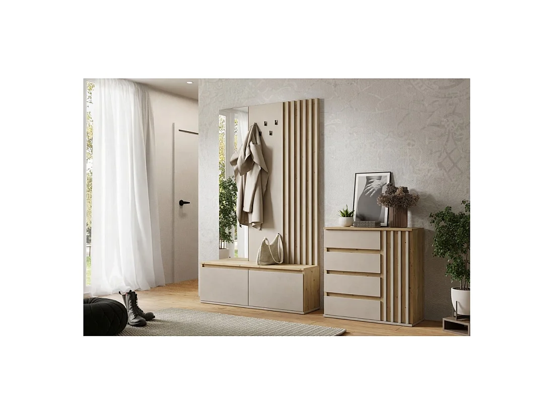 Commode NEMO 80 cm avec 1 porte et 4 tiroirs – Chêne et beige cachemire
