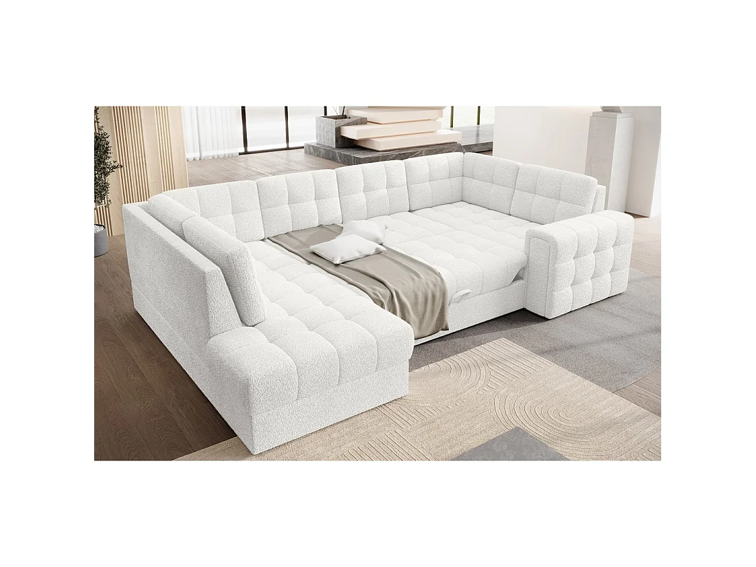 Sofá de esquina convertible MONTEZA blanco izquierdo 299 cm con almacenamiento y cama