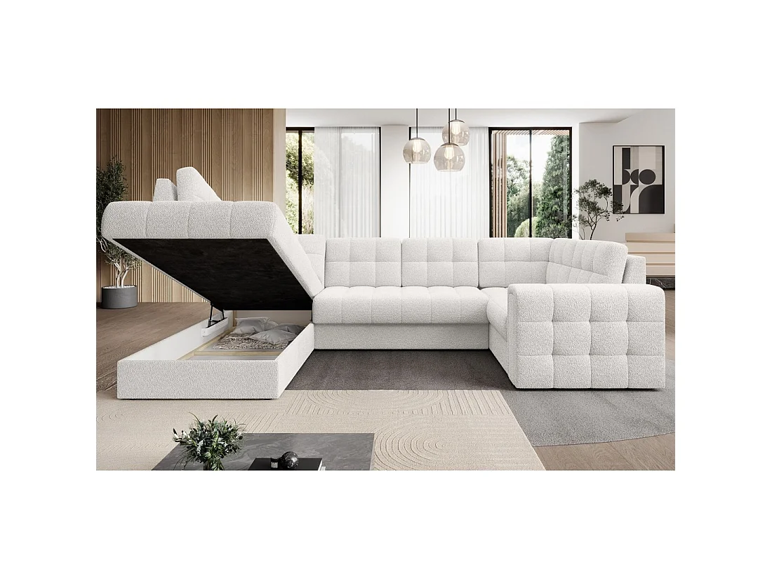 Sofá de esquina convertible MONTEZA blanco izquierdo 299 cm con almacenamiento y cama