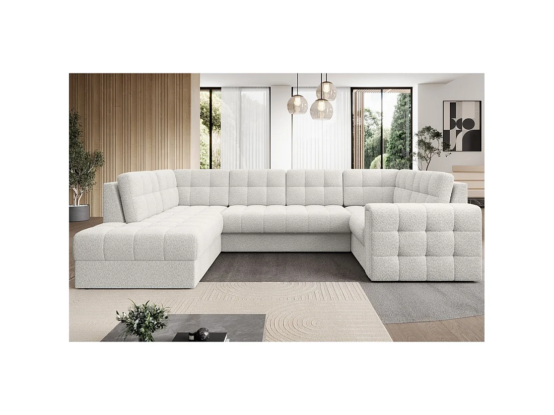Sofá de esquina convertible MONTEZA blanco izquierdo 299 cm con almacenamiento y cama