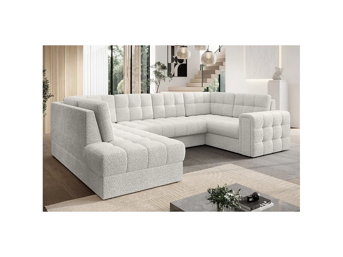 Sofá de esquina convertible MONTEZA blanco izquierdo 299 cm con almacenamiento y cama