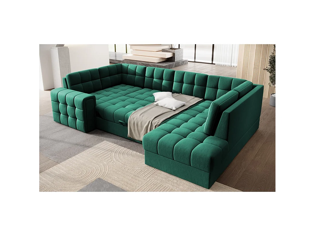 Canapé d'angle convertible MONTEZA vert 299 cm avec coffre et couchage