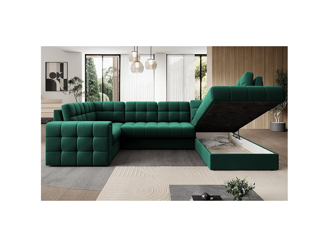 Canapé d'angle convertible MONTEZA vert 299 cm avec coffre et couchage