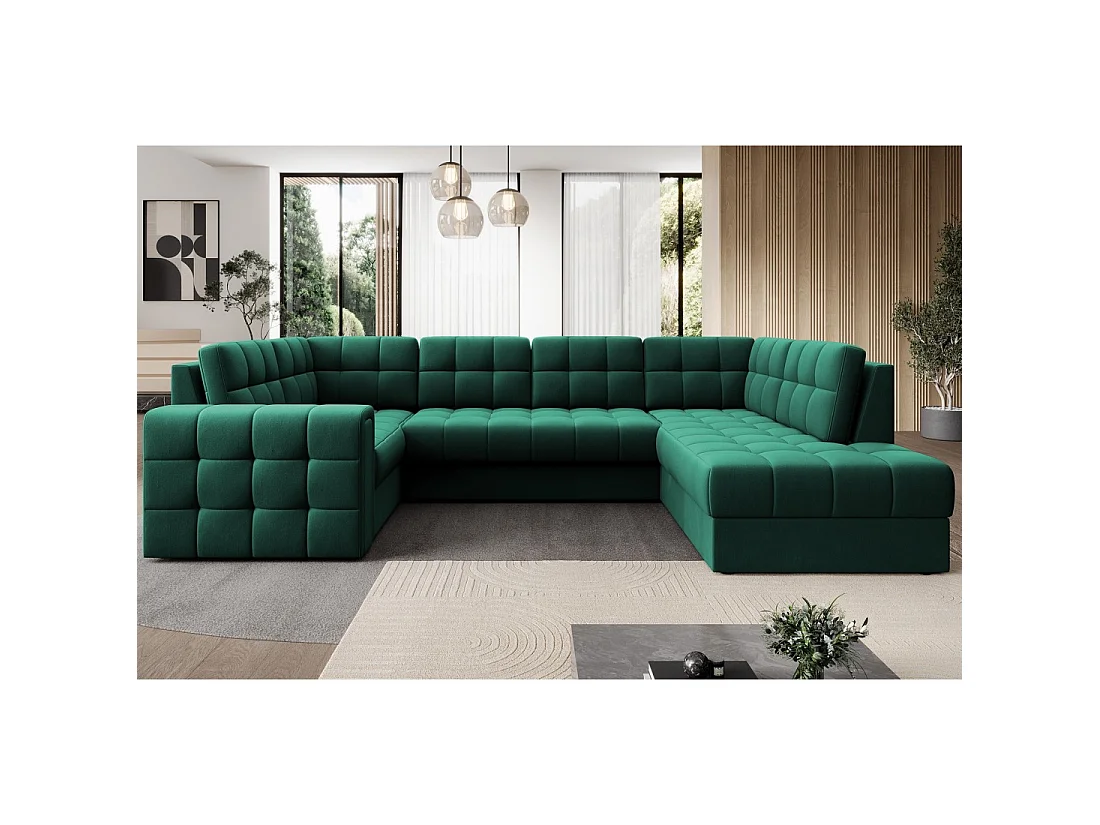 Canapé d'angle convertible MONTEZA vert 299 cm avec coffre et couchage