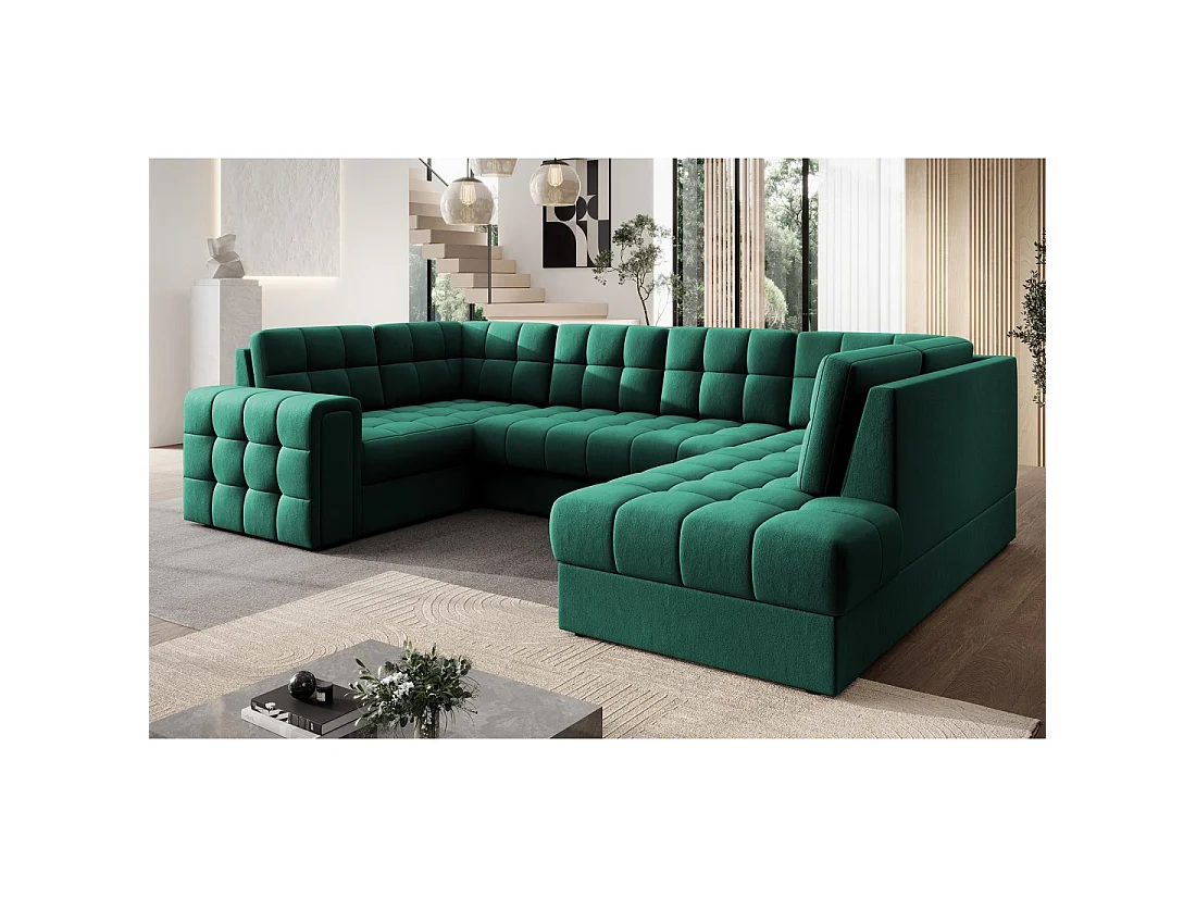 Canapé d'angle convertible MONTEZA vert 299 cm avec coffre et couchage