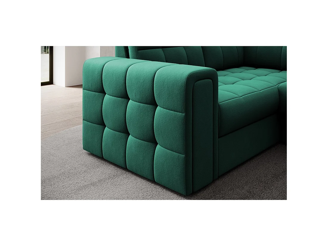 Canapé d'angle convertible MONTEZA vert 299 cm avec coffre et couchage