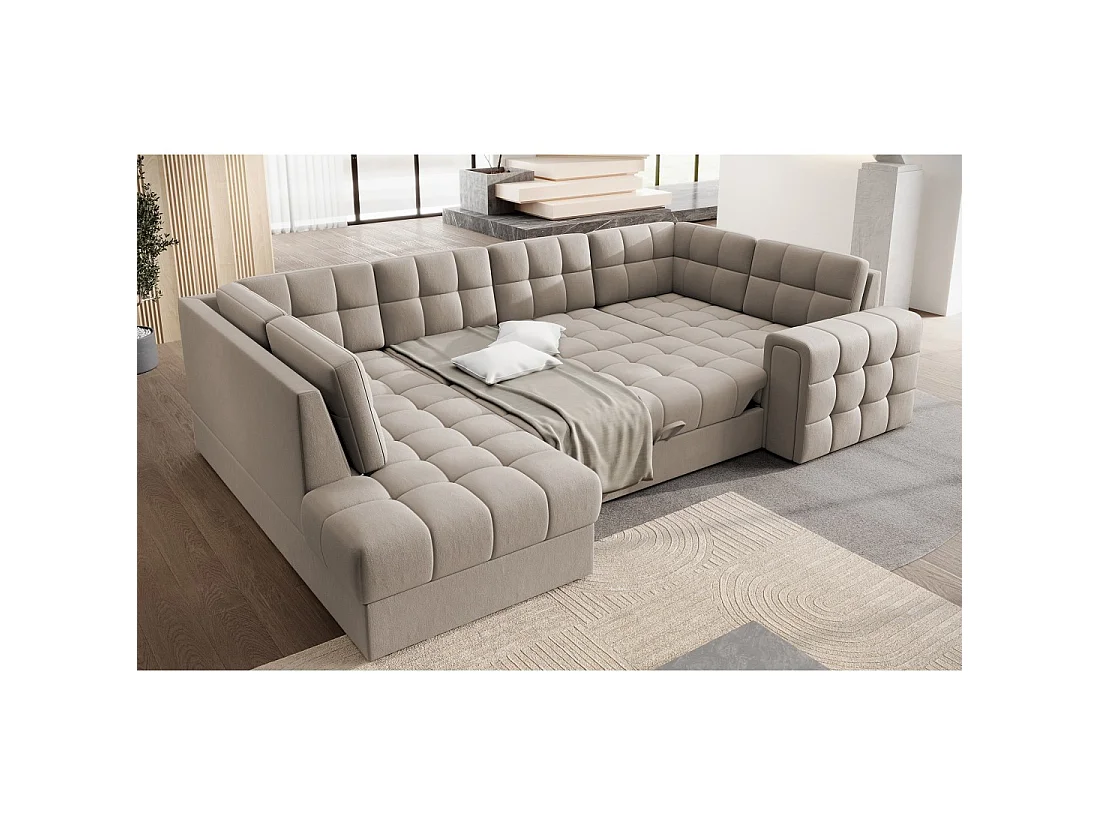 Sofá de esquina convertible MONTEZA beige izquierdo 299 cm con almacenaje y cama