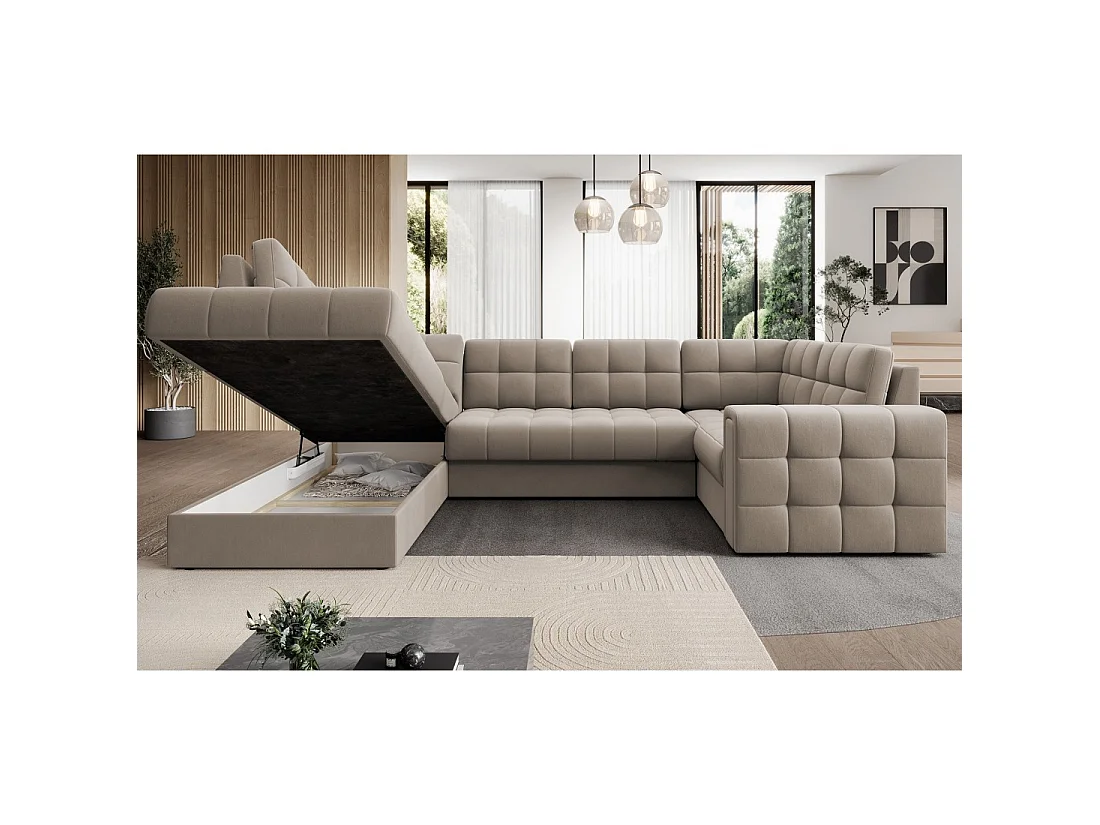 Sofá de esquina convertible MONTEZA beige izquierdo 299 cm con almacenaje y cama