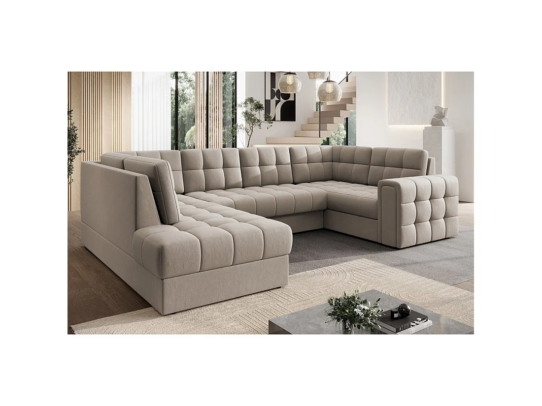 Sofá de esquina convertible MONTEZA beige izquierdo 299 cm con almacenaje y cama