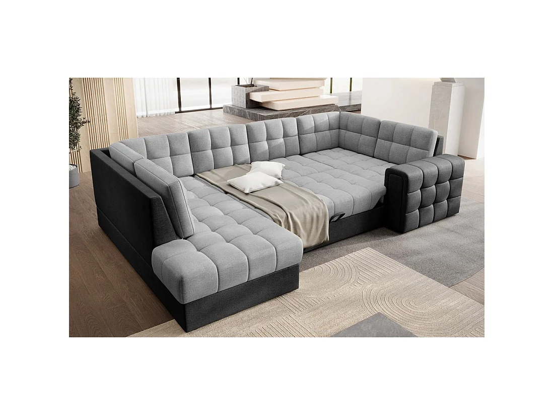 Sofá de esquina convertible MONTEZA gris y negro izquierdo 299 cm con almacenamiento y cama