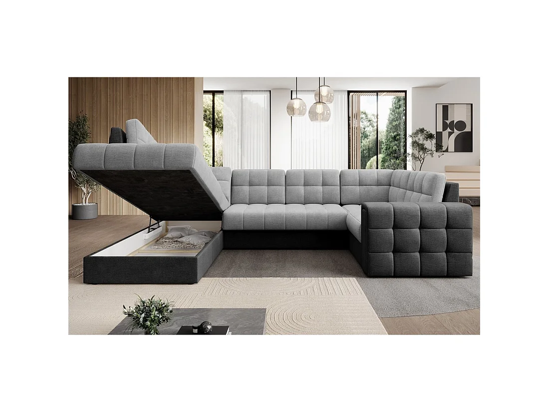 Sofá de esquina convertible MONTEZA gris y negro izquierdo 299 cm con almacenamiento y cama