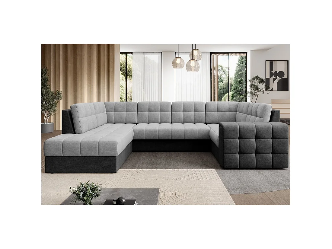 Sofá de esquina convertible MONTEZA gris y negro izquierdo 299 cm con almacenamiento y cama
