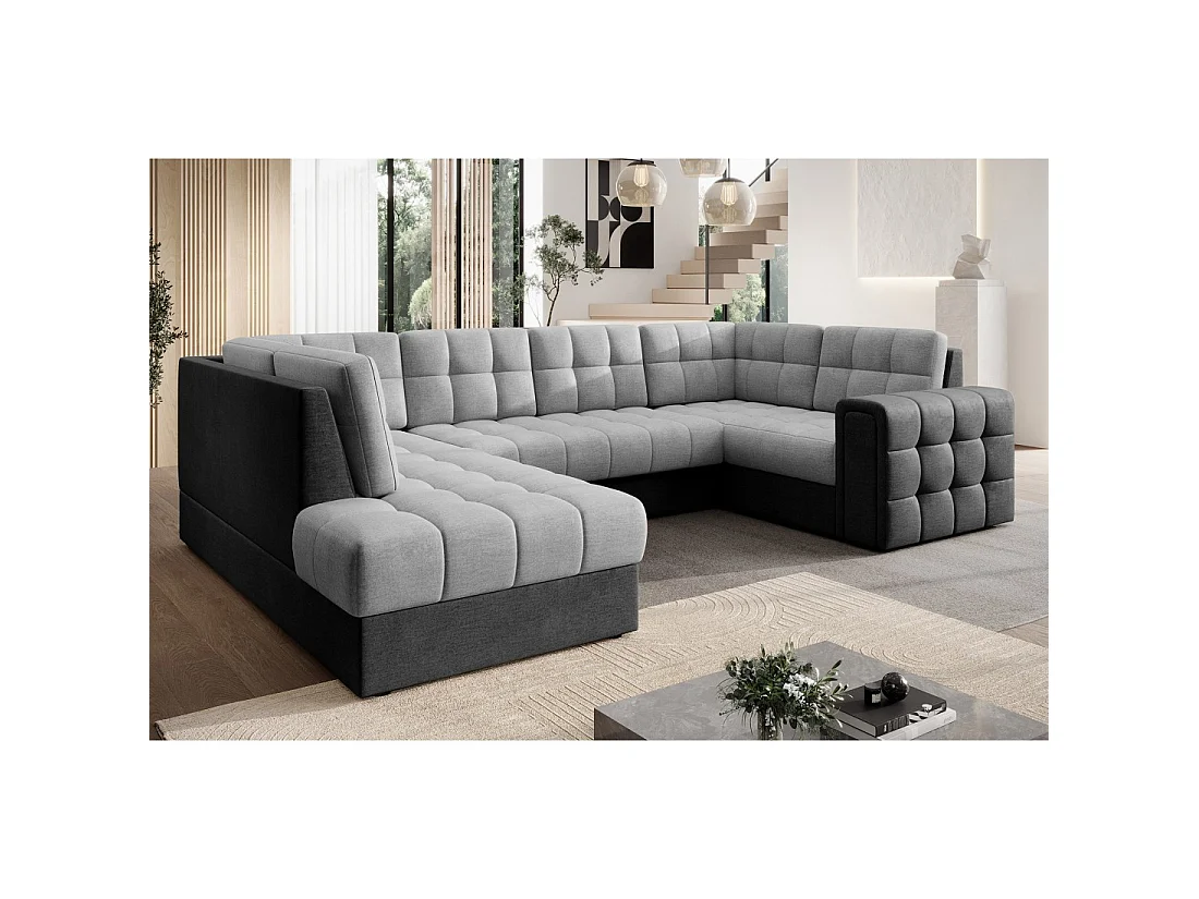 Sofá de esquina convertible MONTEZA gris y negro izquierdo 299 cm con almacenamiento y cama