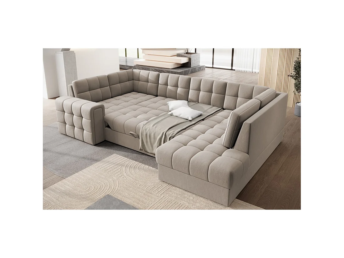 Canapé d'angle convertible MONTEZA beige 299 cm avec coffre et couchage