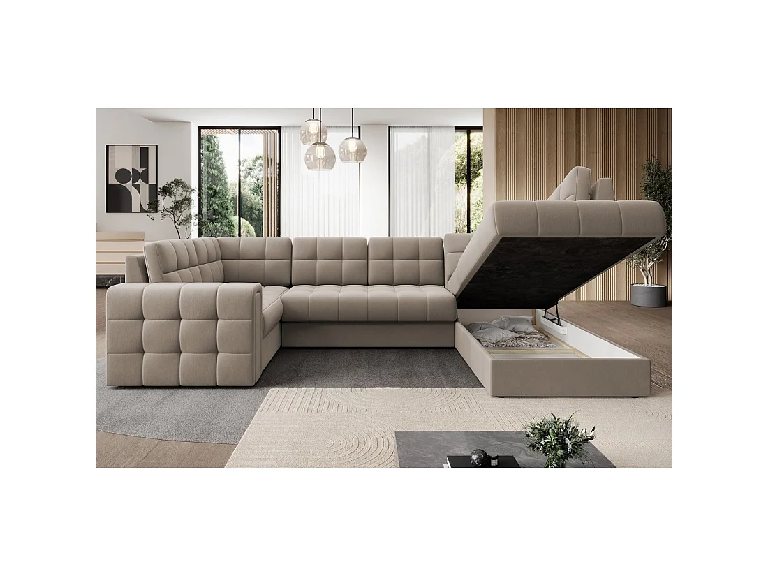 Canapé d'angle convertible MONTEZA beige 299 cm avec coffre et couchage
