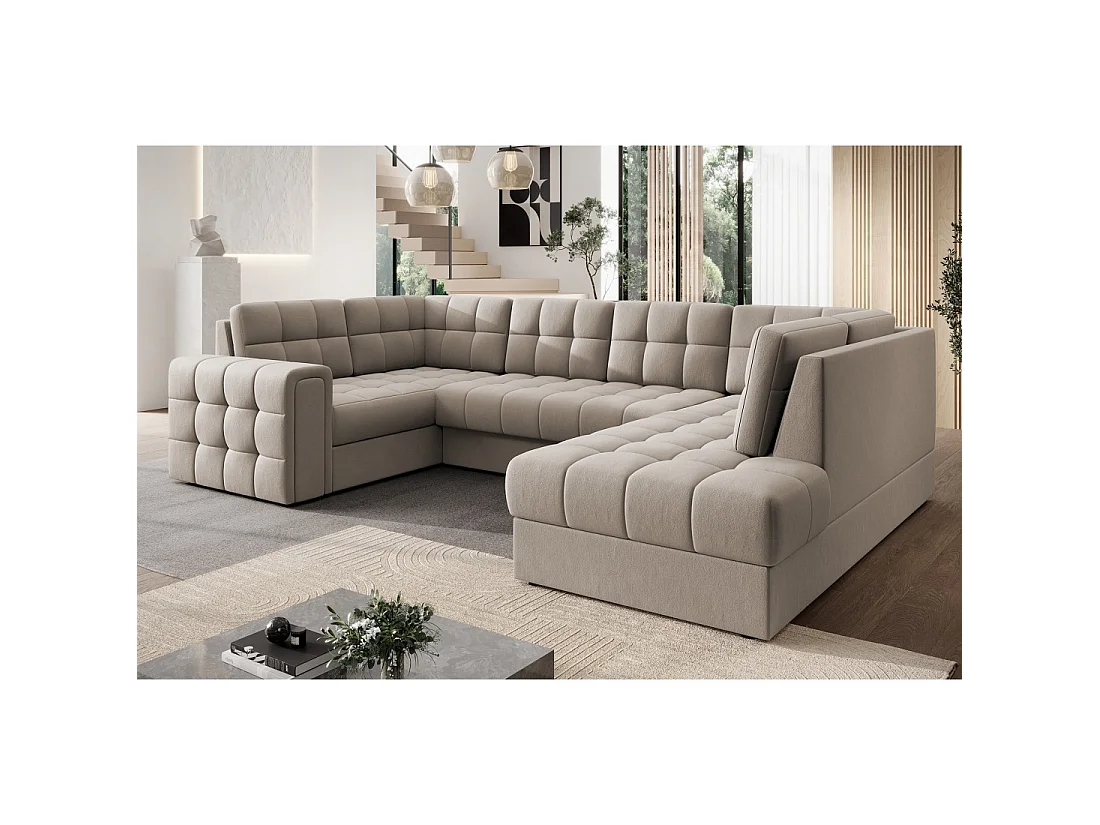 Canapé d'angle convertible MONTEZA beige 299 cm avec coffre et couchage