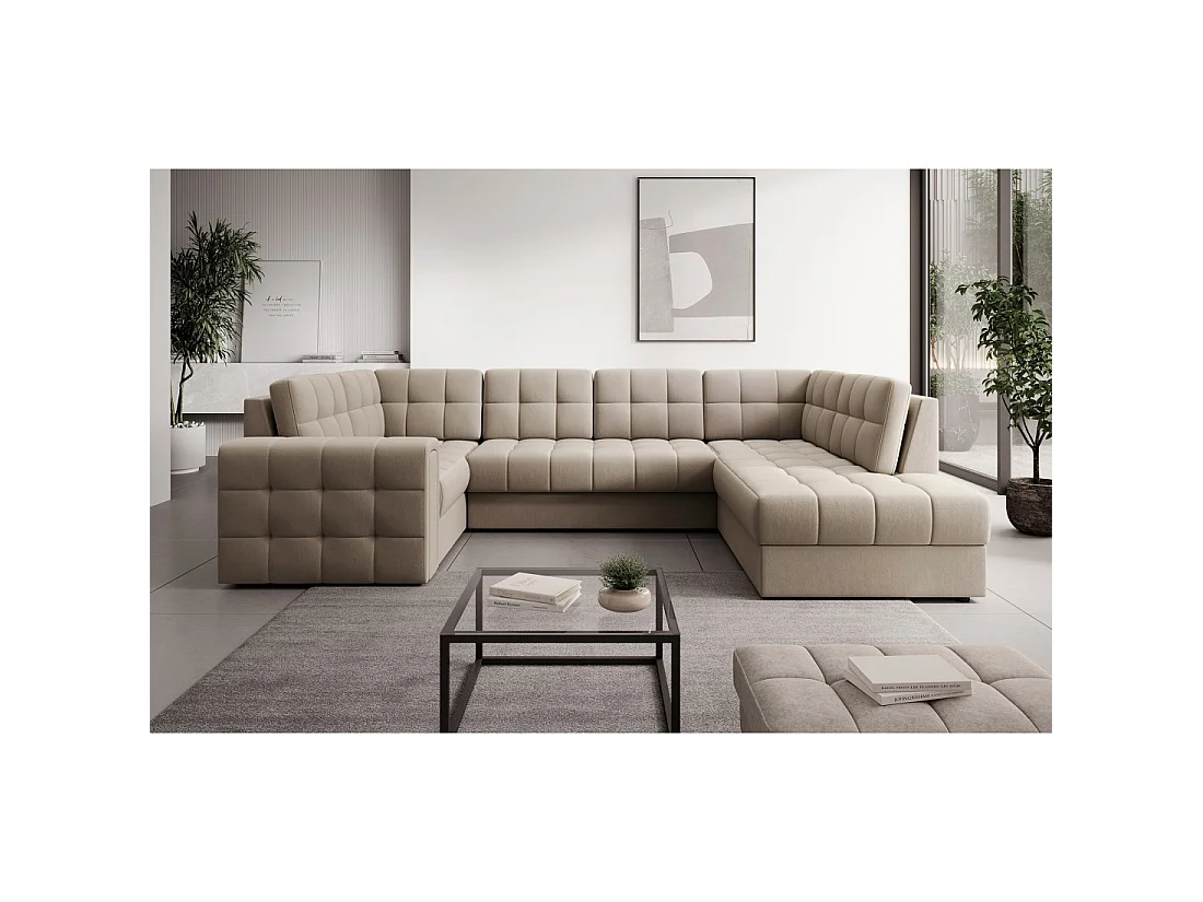 Canapé d'angle convertible MONTEZA beige 299 cm avec coffre et couchage