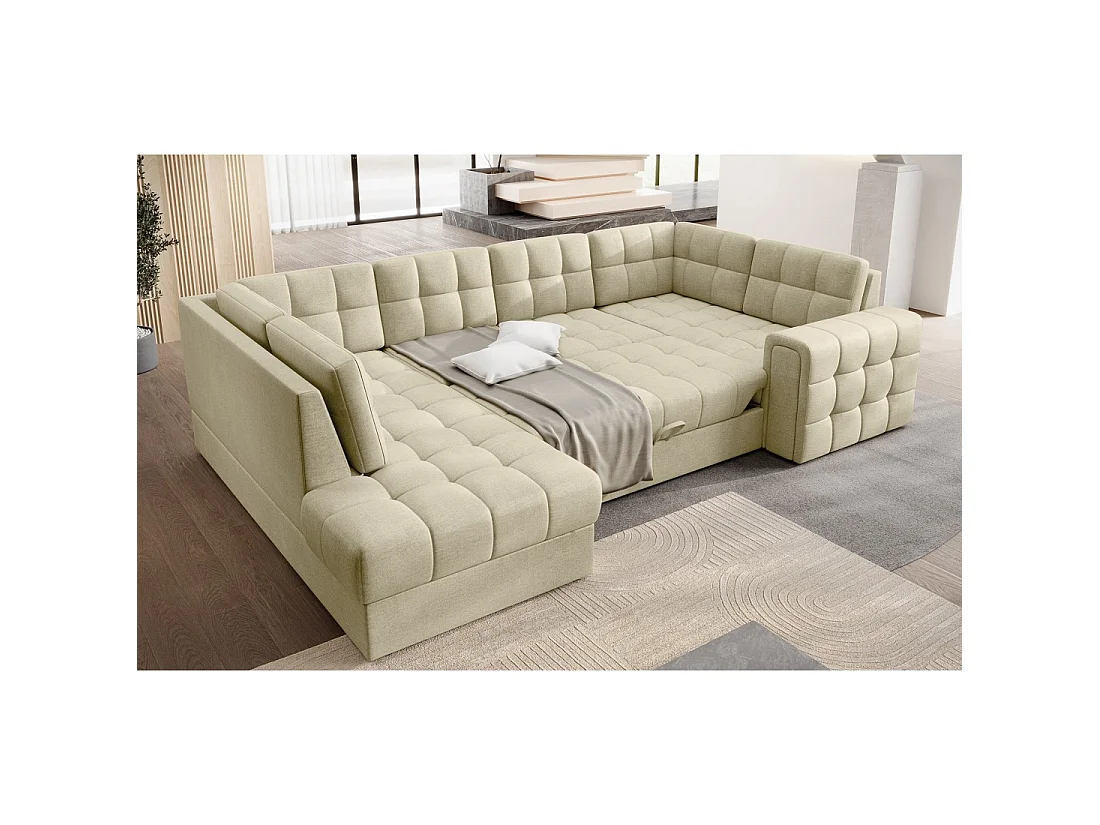 Sofá de esquina convertible MONTEZA beige izquierdo 299 cm con arcón y cama