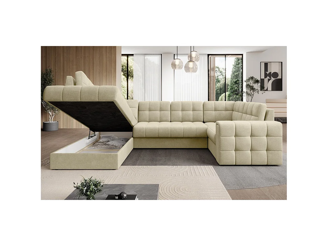 Sofá de esquina convertible MONTEZA beige izquierdo 299 cm con arcón y cama