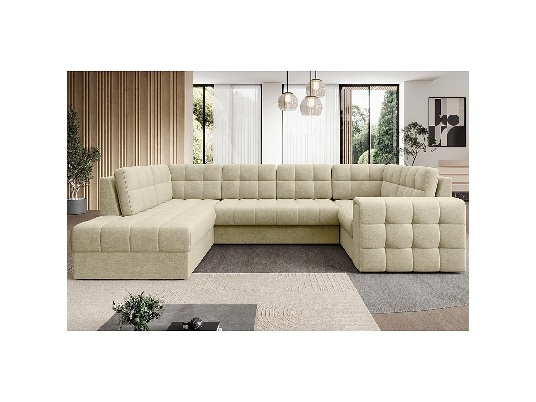 Sofá de esquina convertible MONTEZA beige izquierdo 299 cm con arcón y cama
