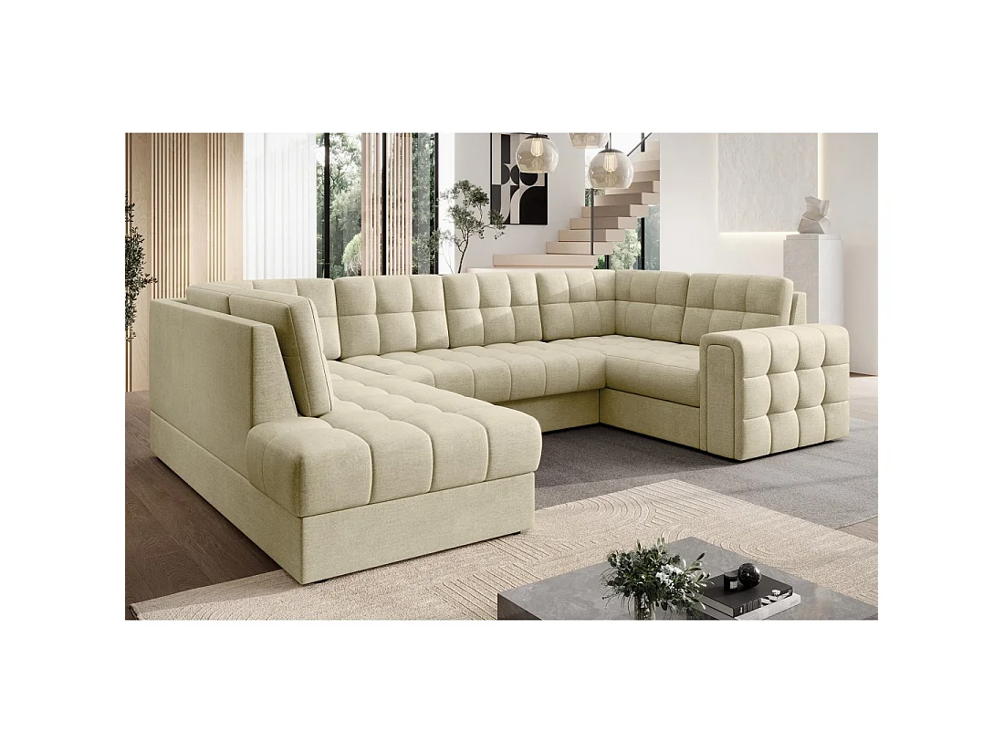 Sofá de esquina convertible MONTEZA beige izquierdo 299 cm con arcón y cama