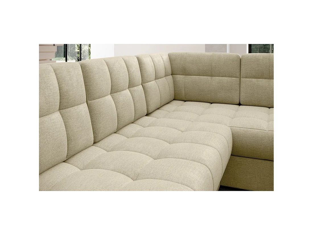 Sofá de esquina convertible MONTEZA beige izquierdo 299 cm con arcón y cama