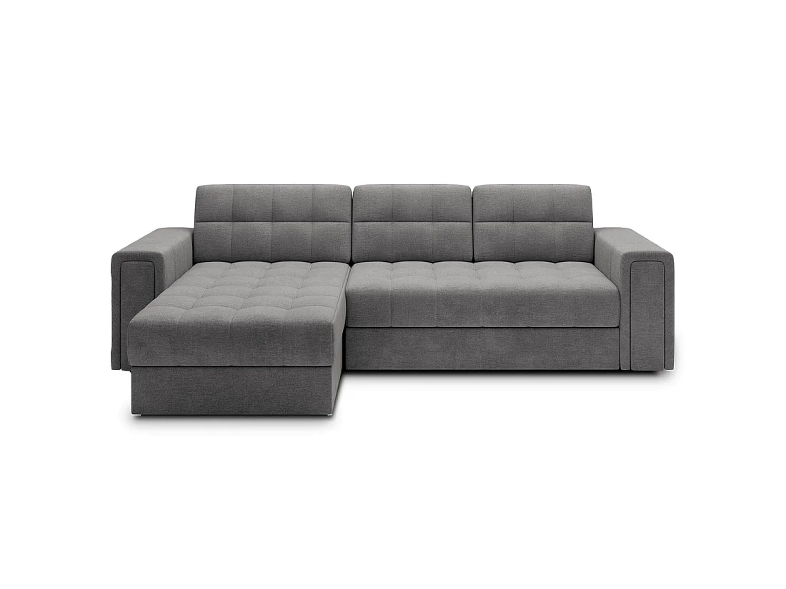 Sofá de esquina convertible KAPITARA gris capitoné reversible con baúl de almacenamiento