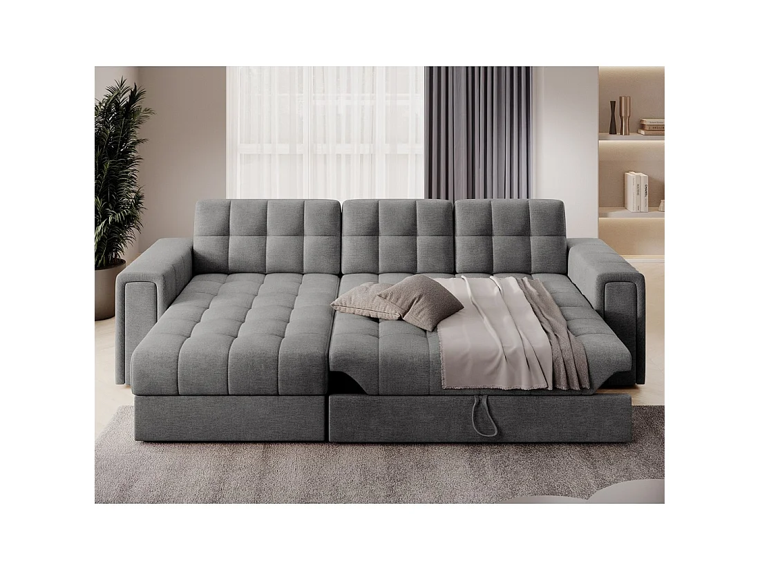 Sofá de esquina convertible KAPITARA gris capitoné reversible con baúl de almacenamiento