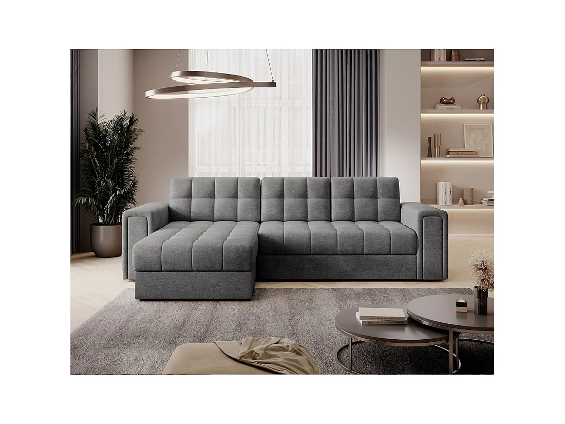 Sofá de esquina convertible KAPITARA gris capitoné reversible con baúl de almacenamiento