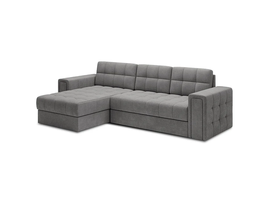 Sofá de esquina convertible KAPITARA gris capitoné reversible con baúl de almacenamiento