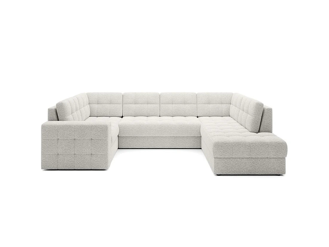 Sofá esquinero convertible MONTEZA blanco bucle 299 cm con baúl y cama