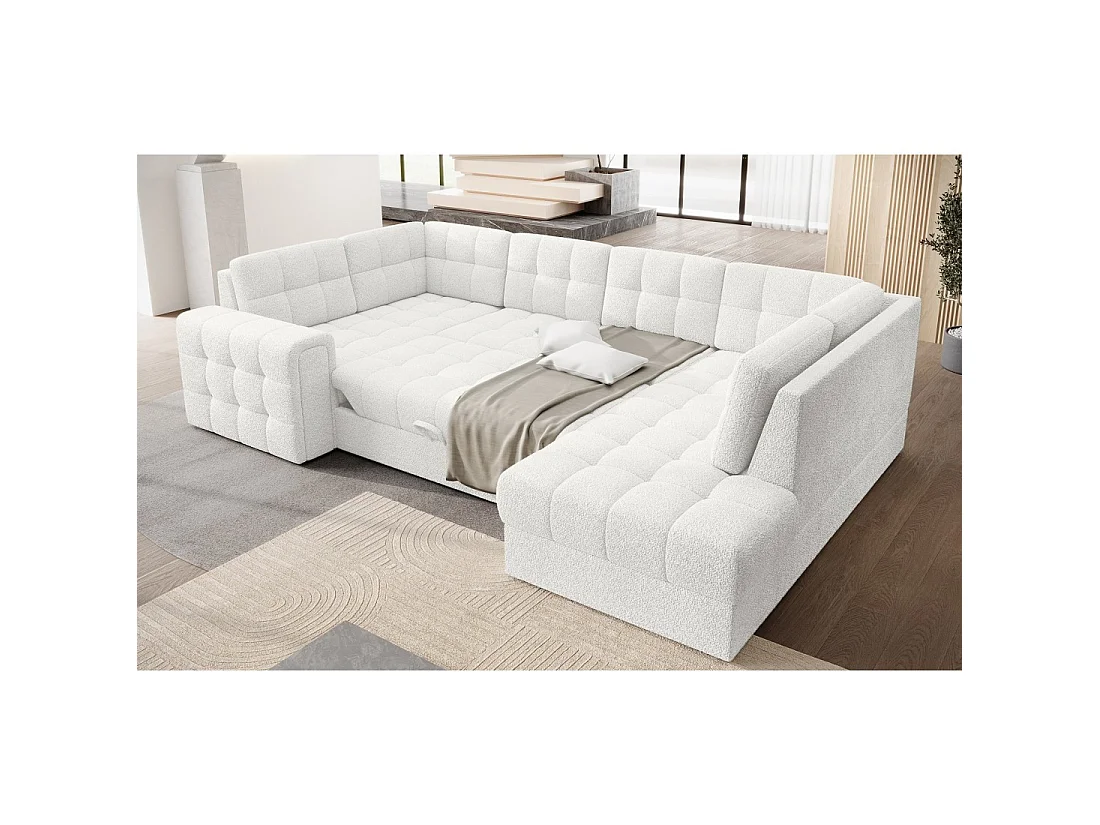 Sofá esquinero convertible MONTEZA blanco bucle 299 cm con baúl y cama