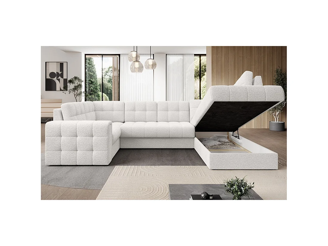 Sofá esquinero convertible MONTEZA blanco bucle 299 cm con baúl y cama